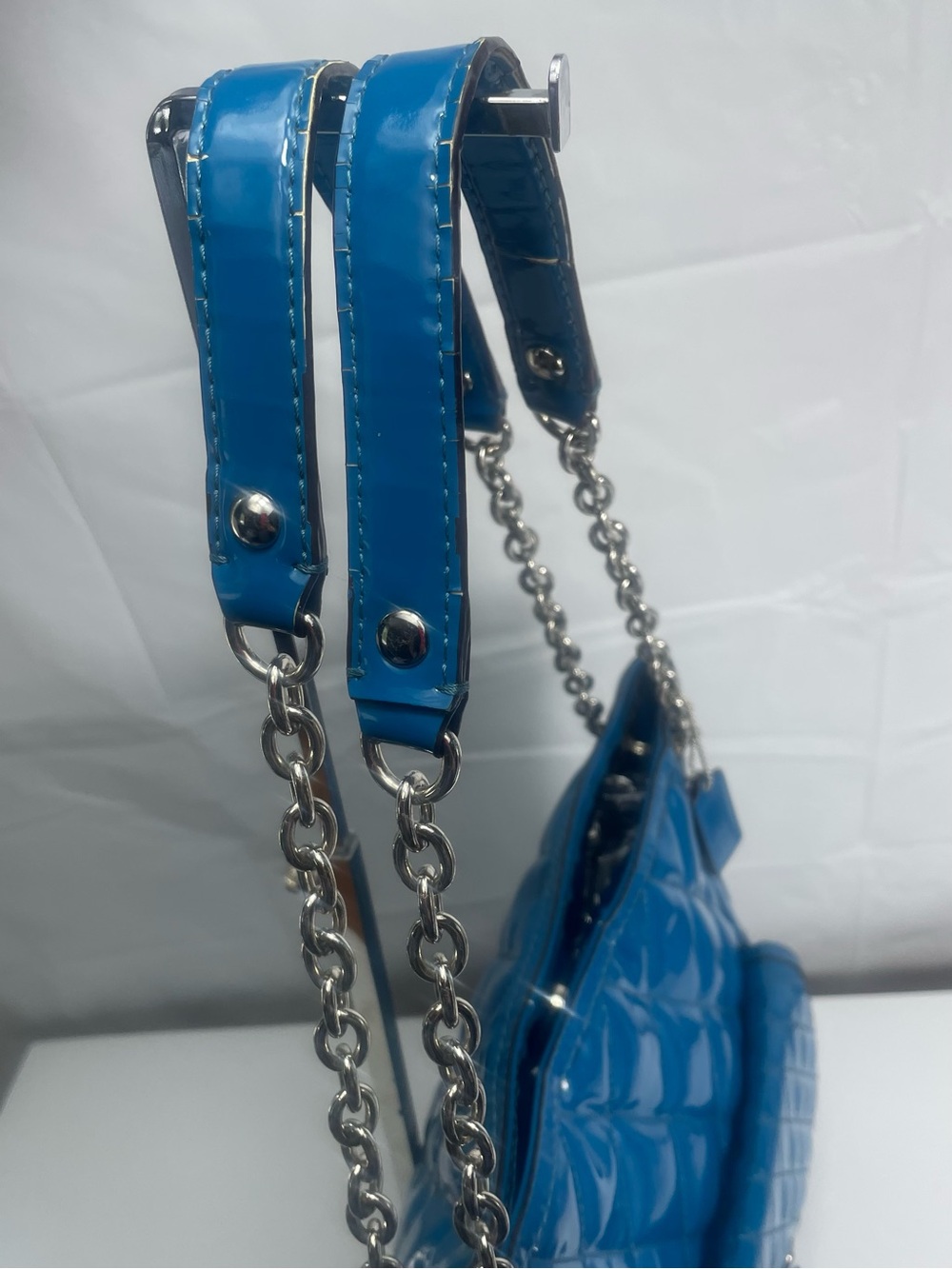 Coach Poppy Liquid Gloss Rare Teal Patent Leather Quilted Bag Y2K - Picture 11 of 14